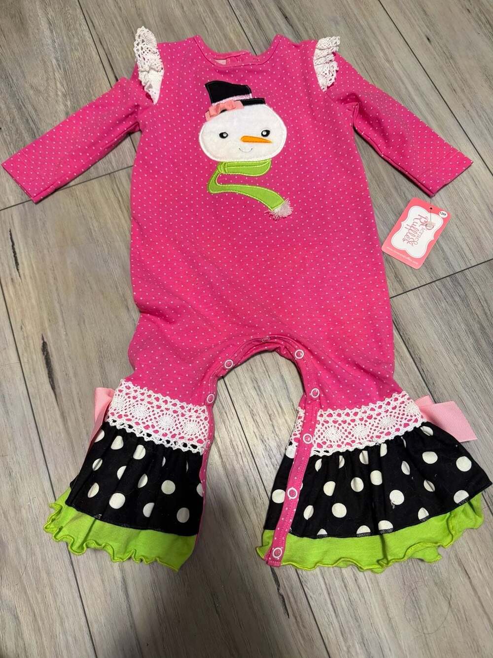 Ricrac & Ruffles Pink Snowman Applique Ruffle Romper Size 12M